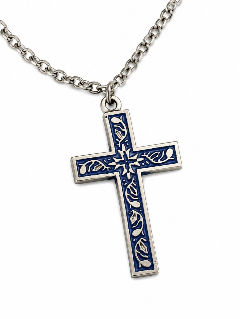 Vintage Floral Blue and Silvertone Cross Pendant Chain Necklace